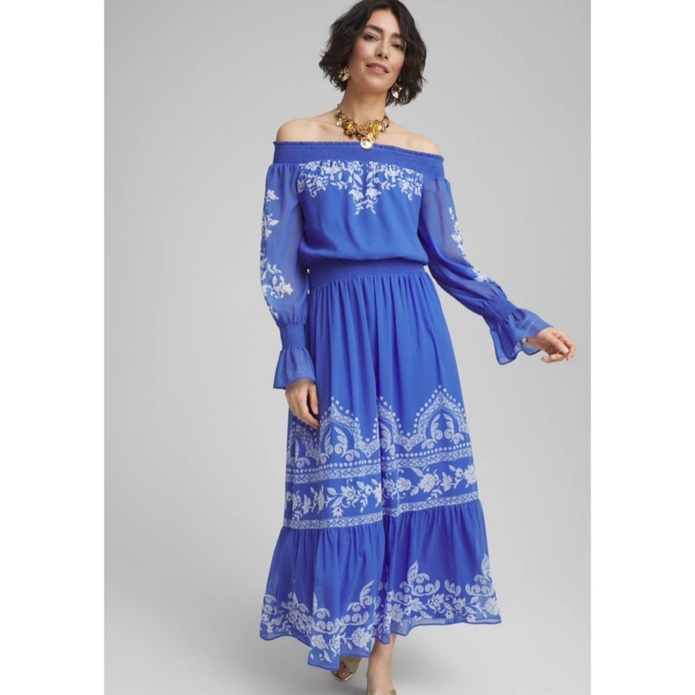 Chico's Blue Off-Shoulder Bishop Sleeve Sundress